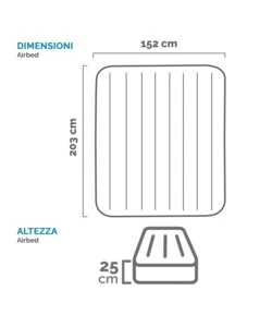 MATERASSO MATRIMONIALE GONFIABILE INTEX "AIRBED DURA-BEAM STANDARD CLASSIC DOWNY" COLORE BLU CON POMPA MANUALE E DUE CUSCINI, 152X203X25 CM - COD. 64765